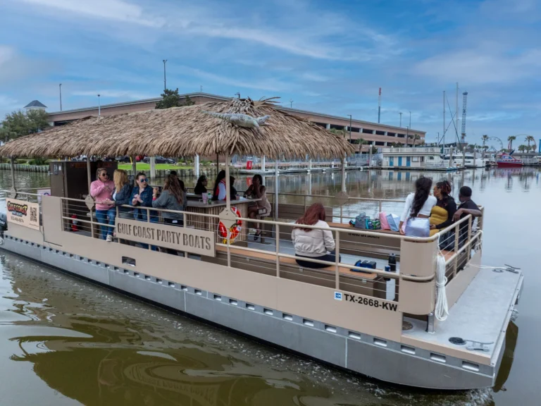 A party boat of Gulf Coast Party Boats was moving on the water at Gulf Coast, Houston, Texas. People enjoyed their time on the boat